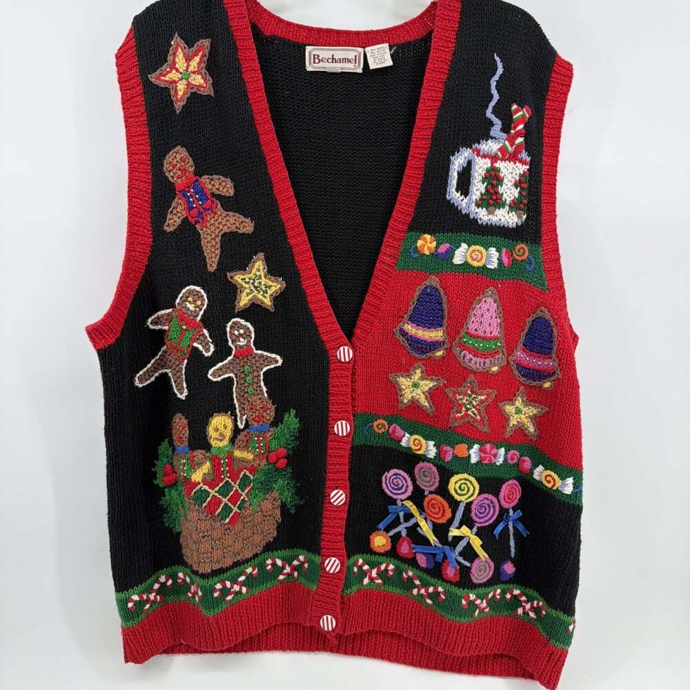 VTG Bechamel Christmas Sweater Vest Womens Sz 2XL Gingerbread Man House Gum Drop